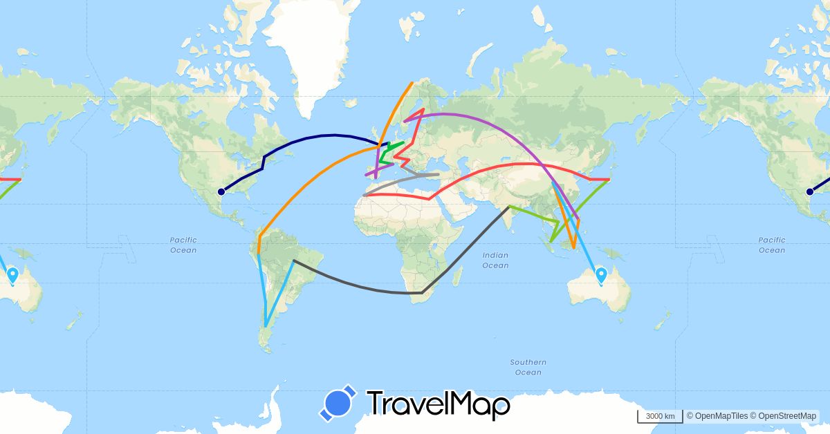 TravelMap itinerary: driving, bus, plane, train, hiking, boat, hitchhiking, motorbike, electric vehicle in Argentina, Australia, Belgium, Brazil, Canada, Switzerland, Chile, China, Colombia, Germany, Egypt, Spain, Finland, France, United Kingdom, Greece, Croatia, Indonesia, India, Italy, Jordan, Japan, South Korea, Morocco, Netherlands, Norway, Peru, Philippines, Poland, Portugal, Sweden, Singapore, Thailand, Turkey, United States, Vietnam, South Africa (Africa, Asia, Europe, North America, Oceania, South America)